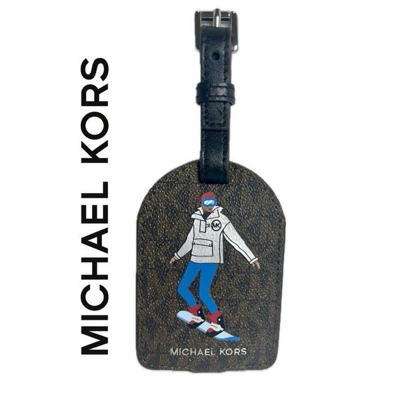MICHAEL KORS LUGGAGE TAG  SNOWBOARDING PRINT BROWN LEATHER MK ALL OVER RARE - Picture 1 of 11